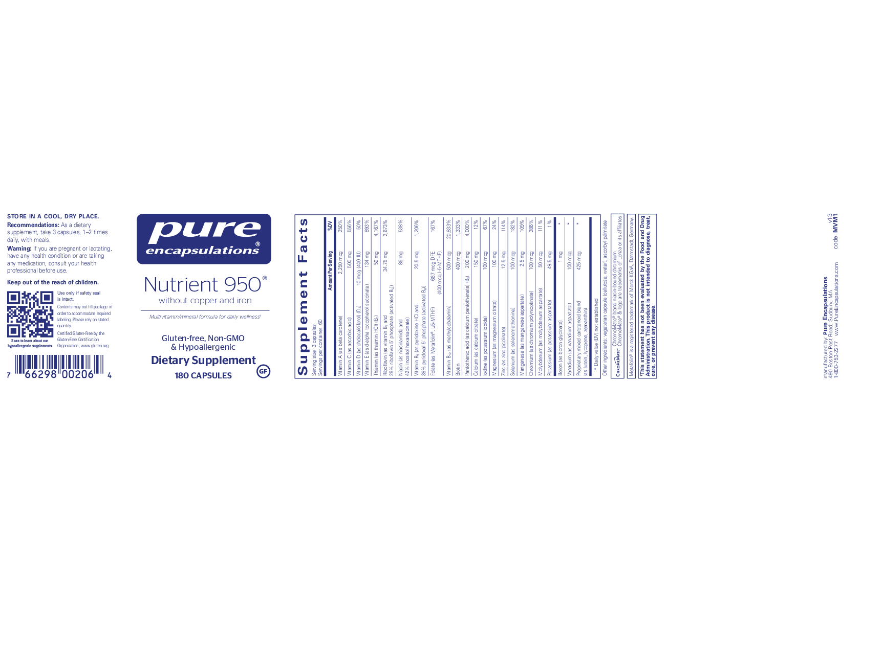 Pure Encapsulations Nutrient 950 w/o Cu & Fe
